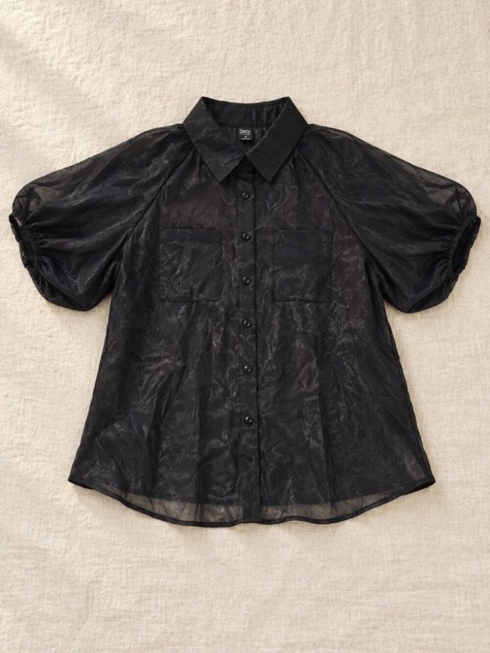 DAZY Black Sheer Textured Puff Sleeve Button Front Blouse XL